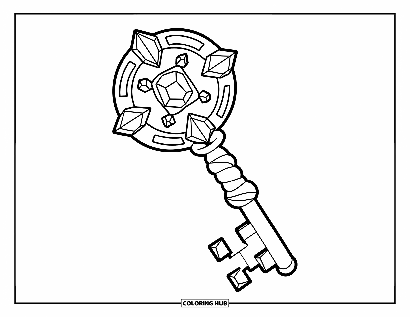 Crystal Coloring Page for Kids: A crystal-encrusted key with a decorative twisted rope handle and circular head