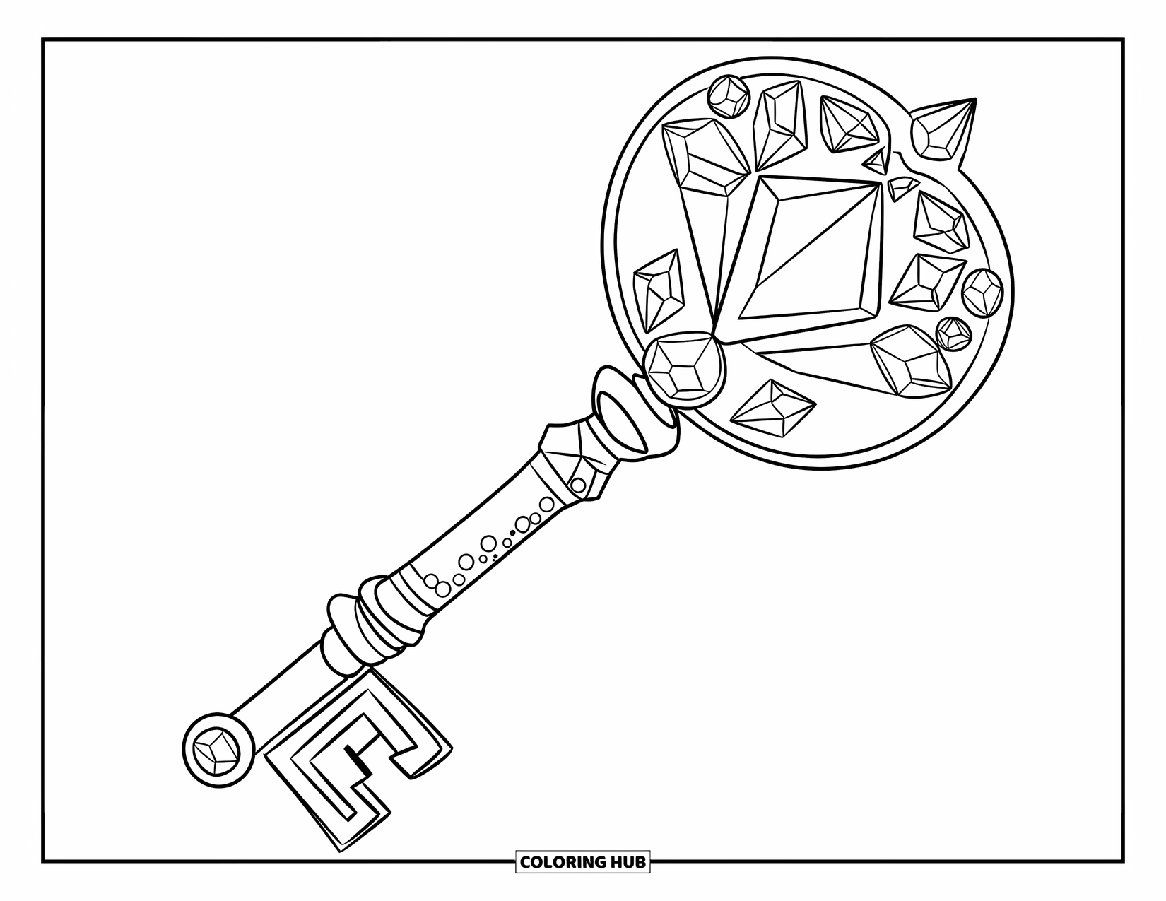 Crystal Coloring Page for Kids: A crystal-encrusted key with a round head, multiple crystals, and a thin decorative handle