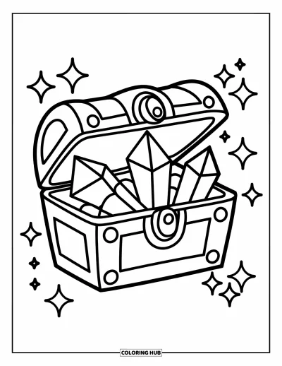 Desenho de Cristal para Colorir para Crianças: Um baú de tesouro fofo com grandes cristais e brilhos ao redor