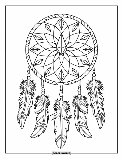 Desenho de cristais para colorir para crianças: Um apanhador de sonhos com pontas de cristal dentro de um círculo, pendurado em um galho de madeira