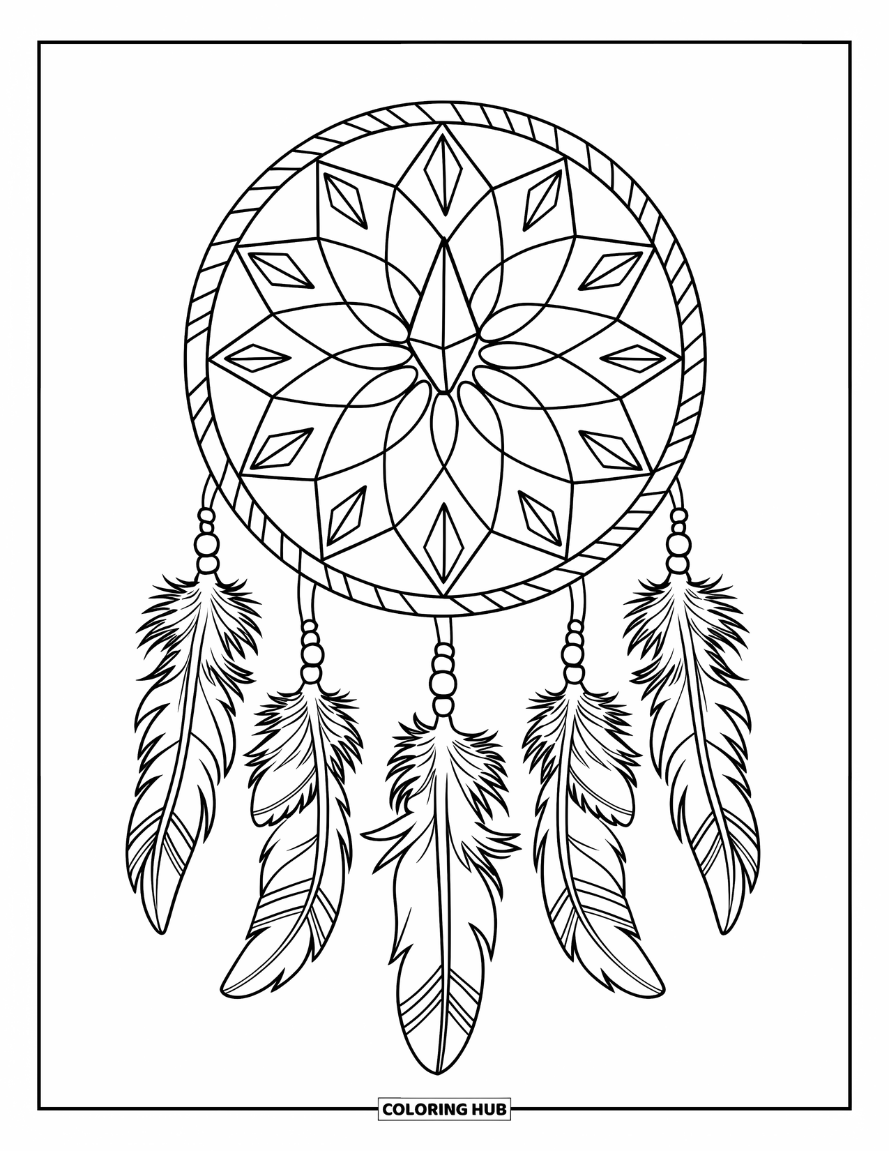 Crystal Coloring Page for Kids: A dreamcatcher with crystal points, enclosed in a circle, hanging from a wooden stick