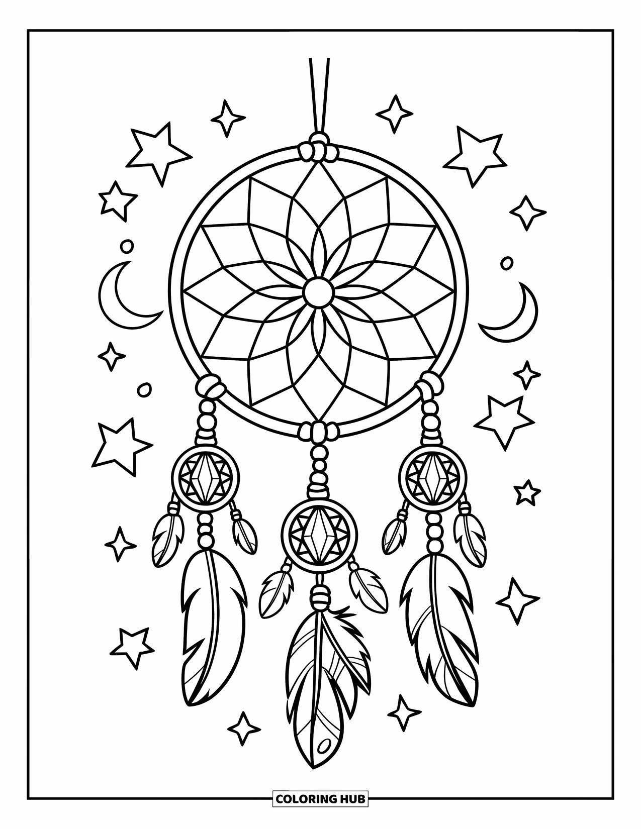 Crystal Coloring Page for Kids: A dreamcatcher with crystal points, hanging from a tree branch with stars and crescent moons