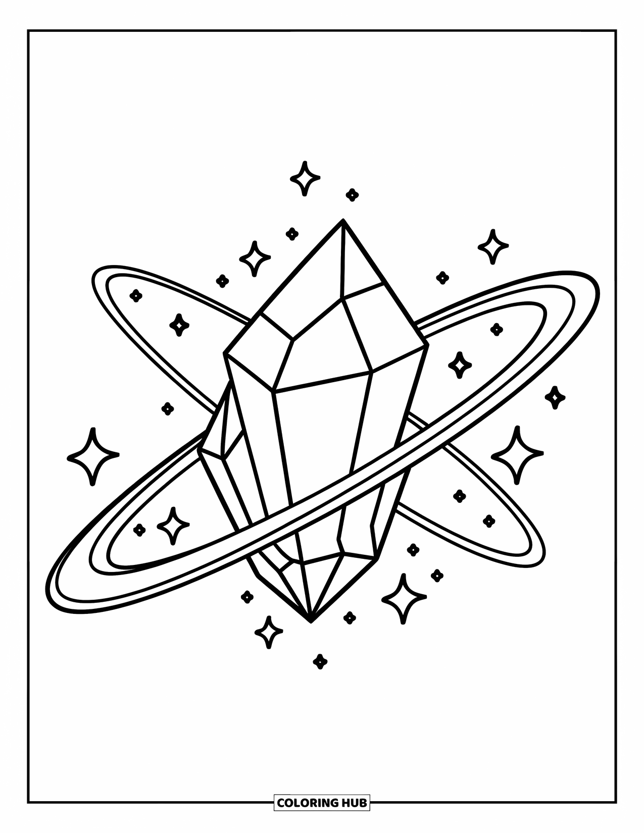 Crystal Coloring Page for Kids: A floating crystal surrounded by orbiting rings, with tiny stars adding to the celestial theme