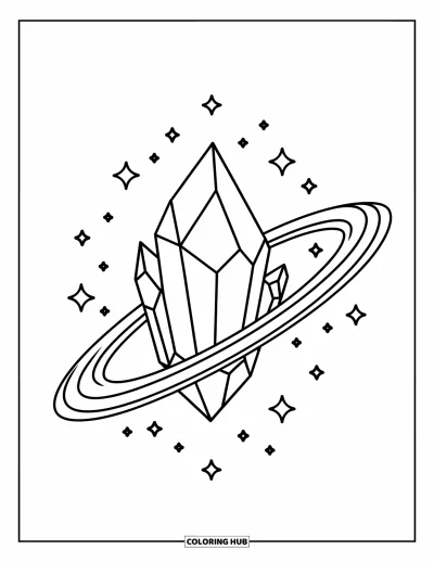 Desenho de Cristal para Colorir para Crianças: Um cristal flutuante cercado por anéis e estrelas, com contornos limpos e marcantes e um fundo branco