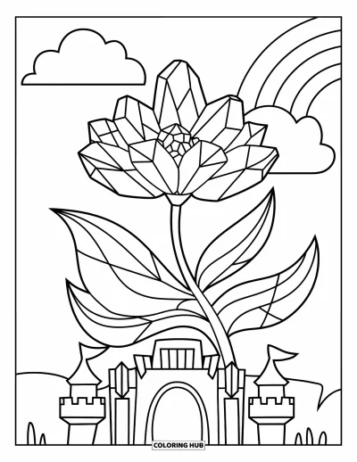 Desenho de Cristal para Colorir para Crianças: Uma flor com pétalas e folhas de cristal em um castelo, com um arco-íris e nuvem