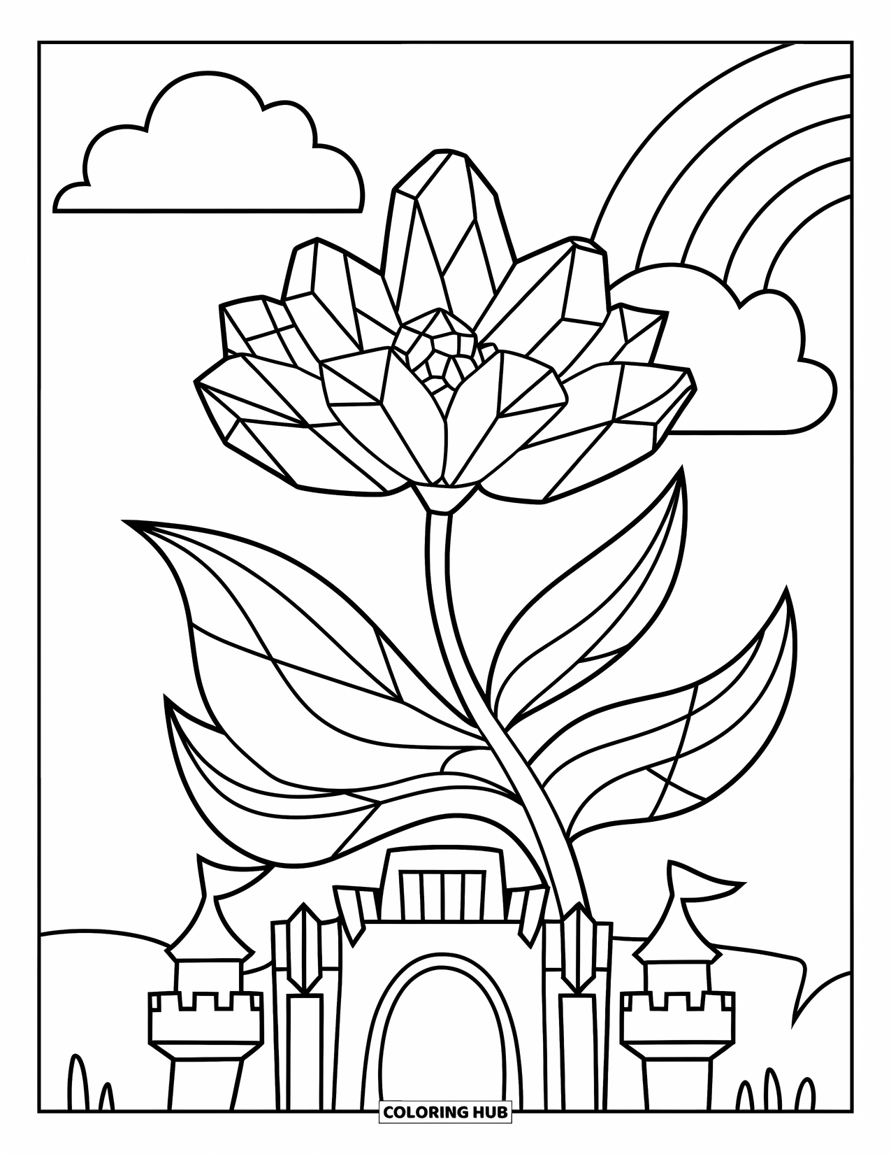 Crystal Coloring Page for Kids: A flower with crystal petals and leaves on a castle, with a rainbow and cloud