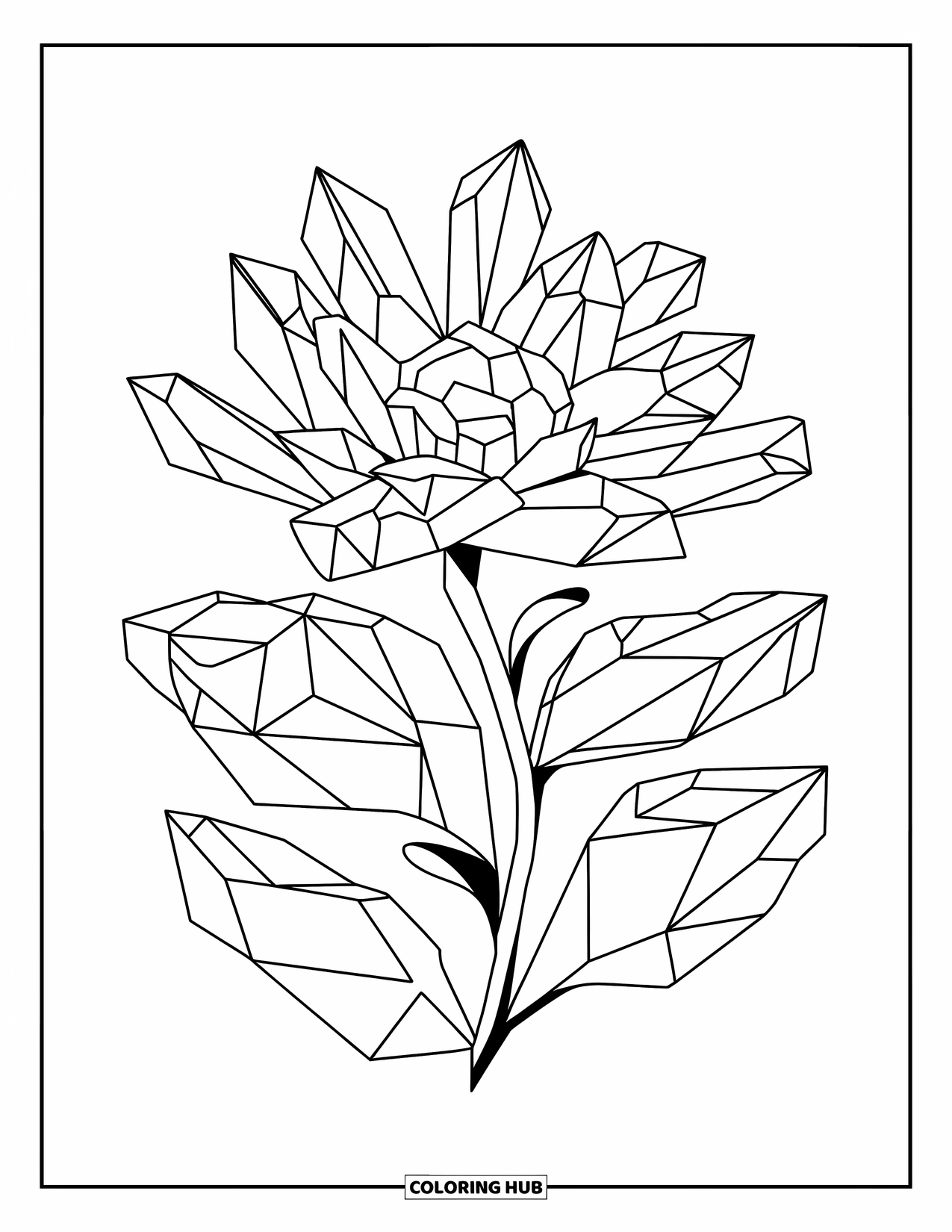 Crystal Coloring Page for Kids: A flower with crystal petals and leaves outlined clearly on a white background