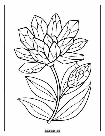 Desenho de cristais para colorir para crianças: Uma flor com pétalas de cristal e folhas bem delineadas sobre fundo branco