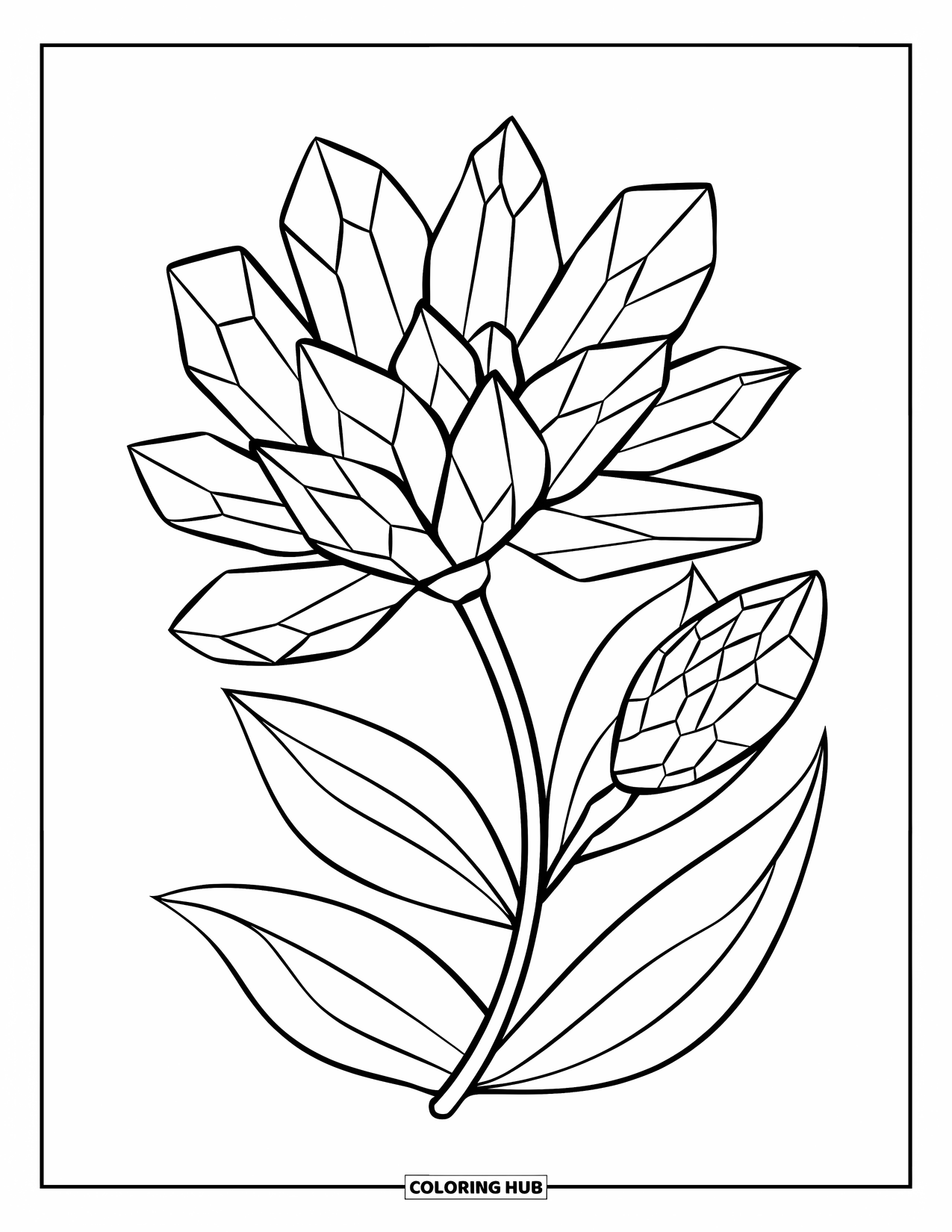 Crystal Coloring Page for Kids: A flower with crystal petals and leaves outlined for clarity, set against a white background