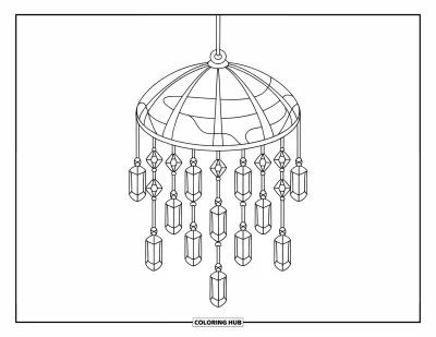Desenho de Cristal para Colorir para Crianças: Um móbile pendurado com cristais pendurados em cordas, suspenso de um globo transparente