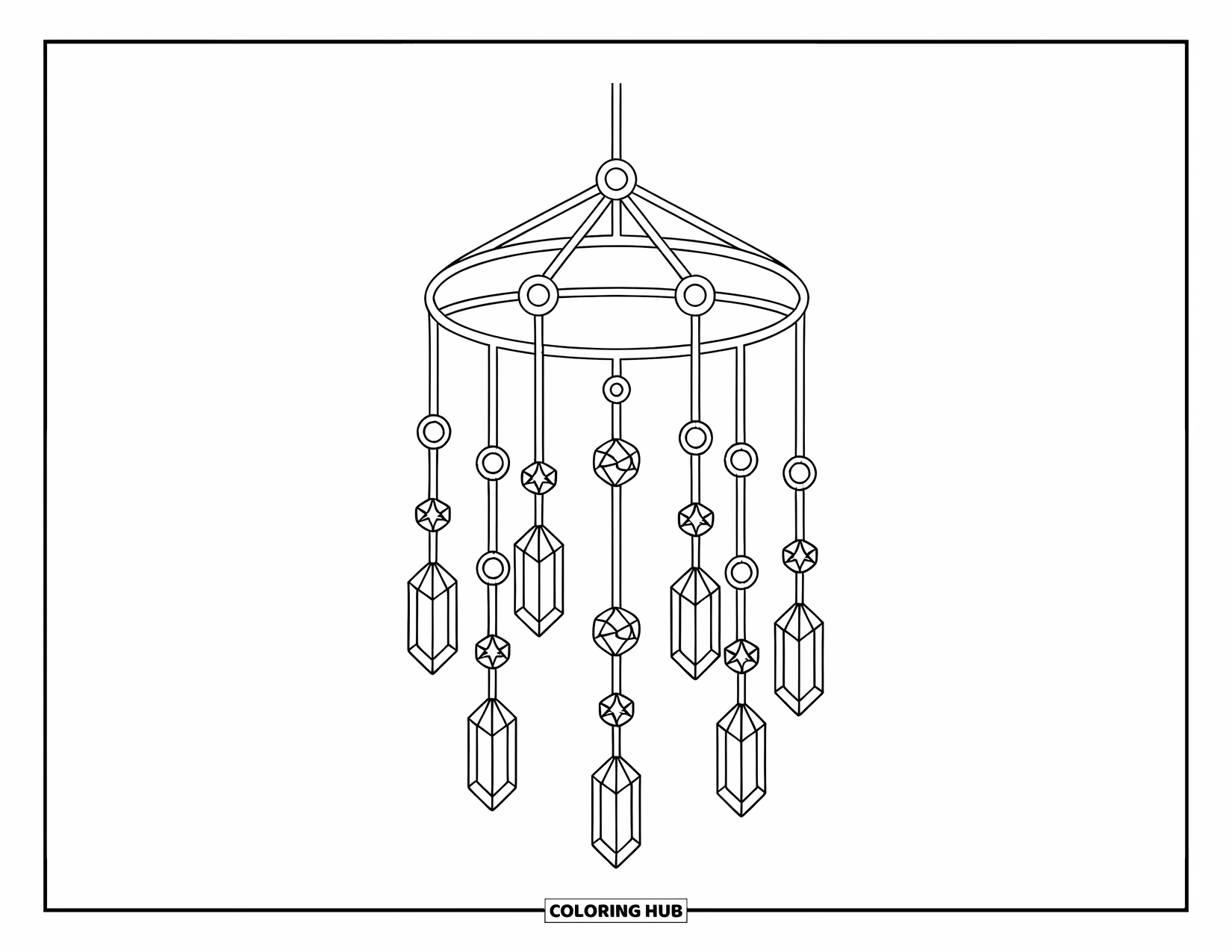 Crystal Coloring Page for Kids: A hanging mobile with crystals dangling from strings, suspended from a golden chain