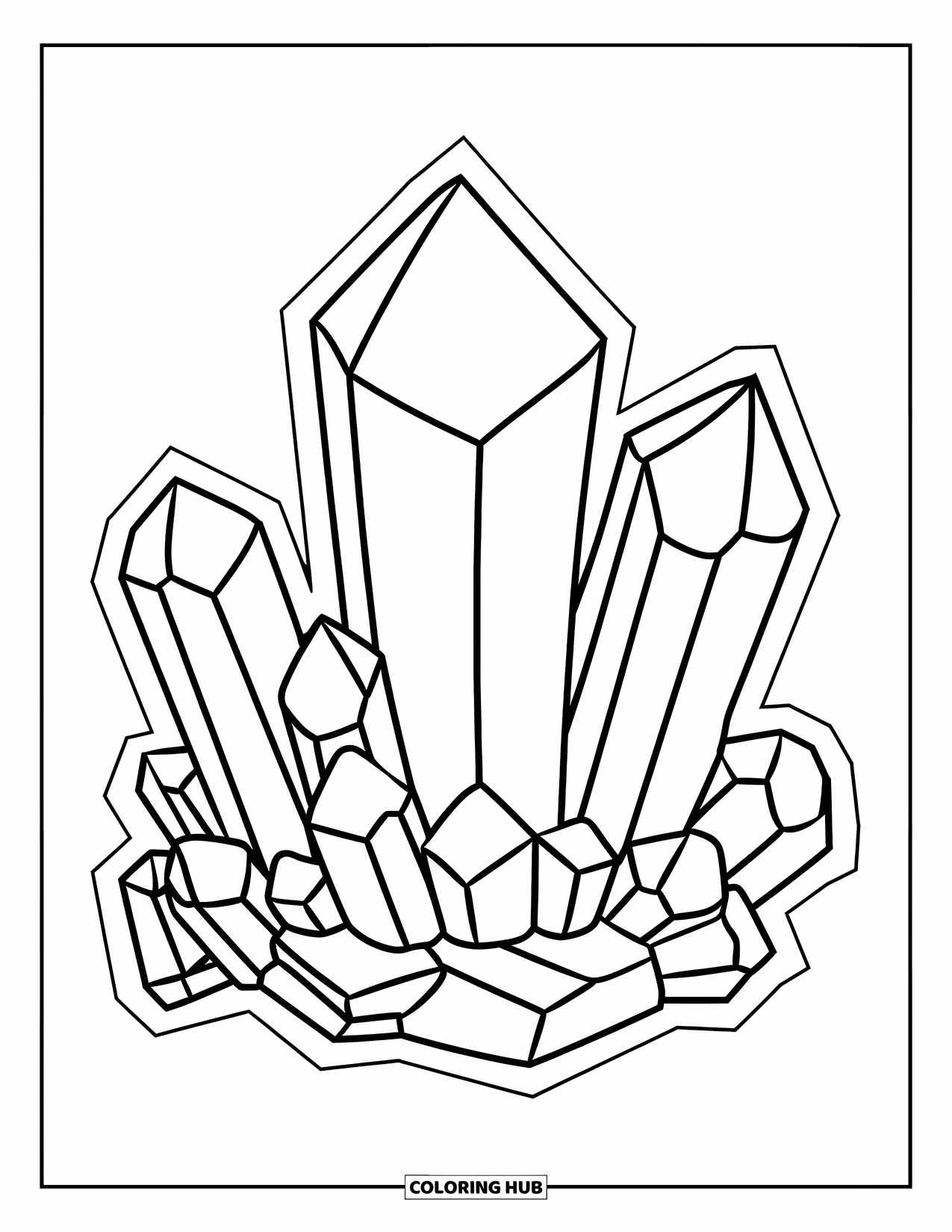 Crystal Coloring Page for Kids: A large crystal cluster arranged in a balanced, playful composition