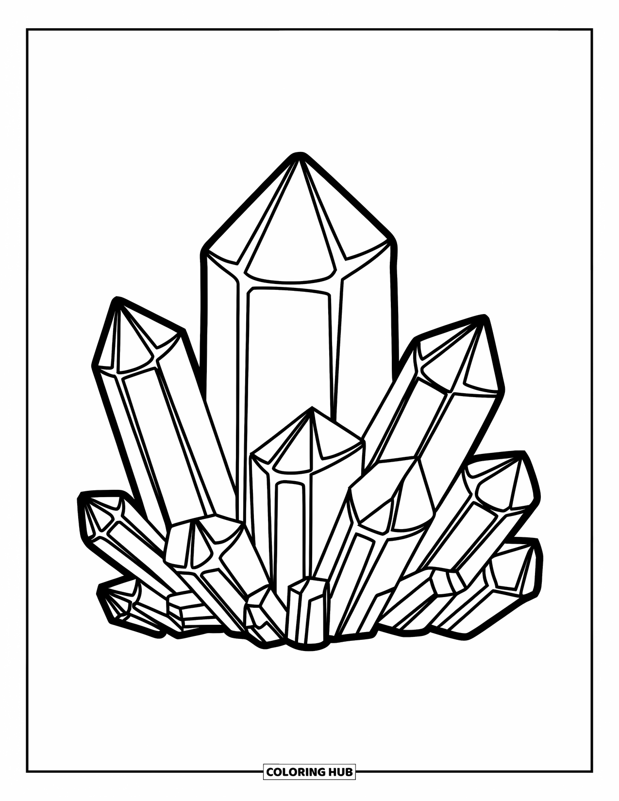 Crystal Coloring Page for Kids: A large crystal cluster with bold outlines, designed for young kids