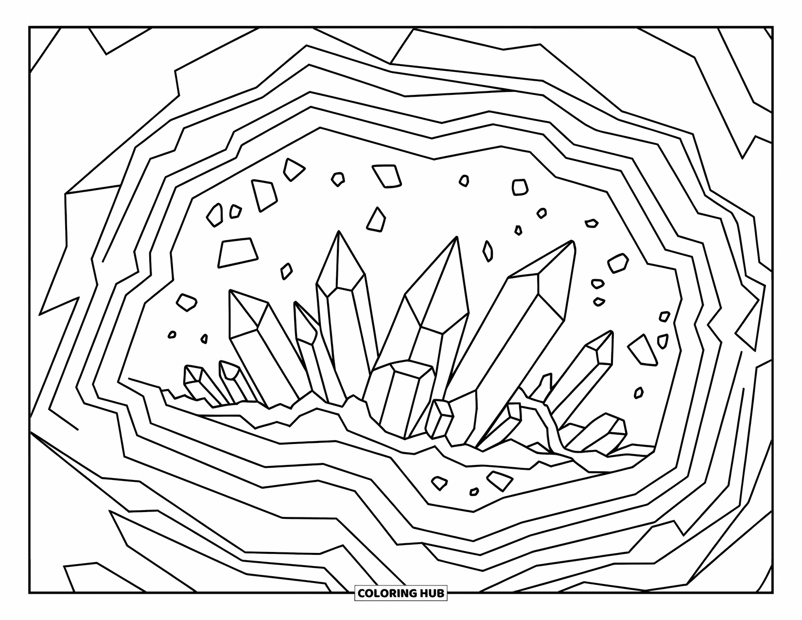Crystal Coloring Page for Kids: A large open geode with crystals of various shapes and clean, bold outlines