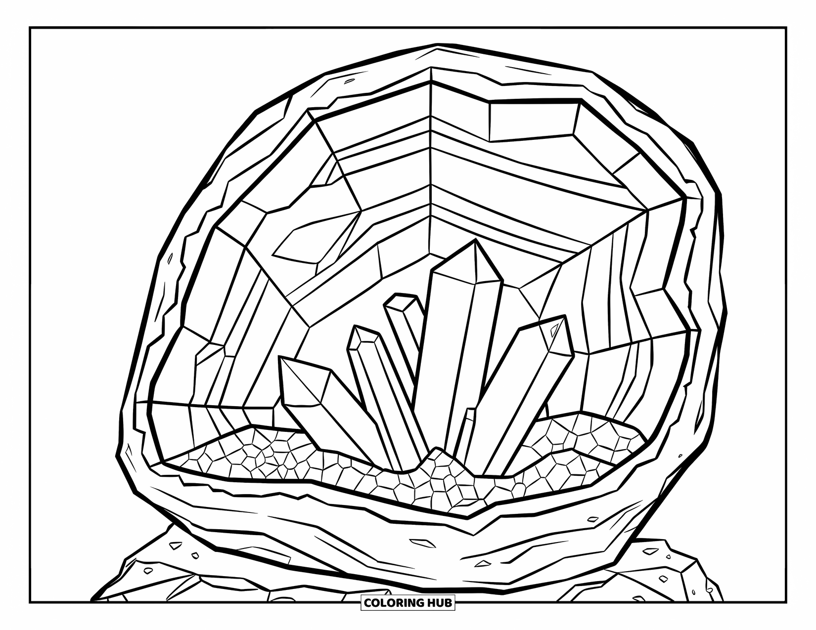 Crystal Coloring Page for Kids: A large open geode with various crystals and a rocky surface