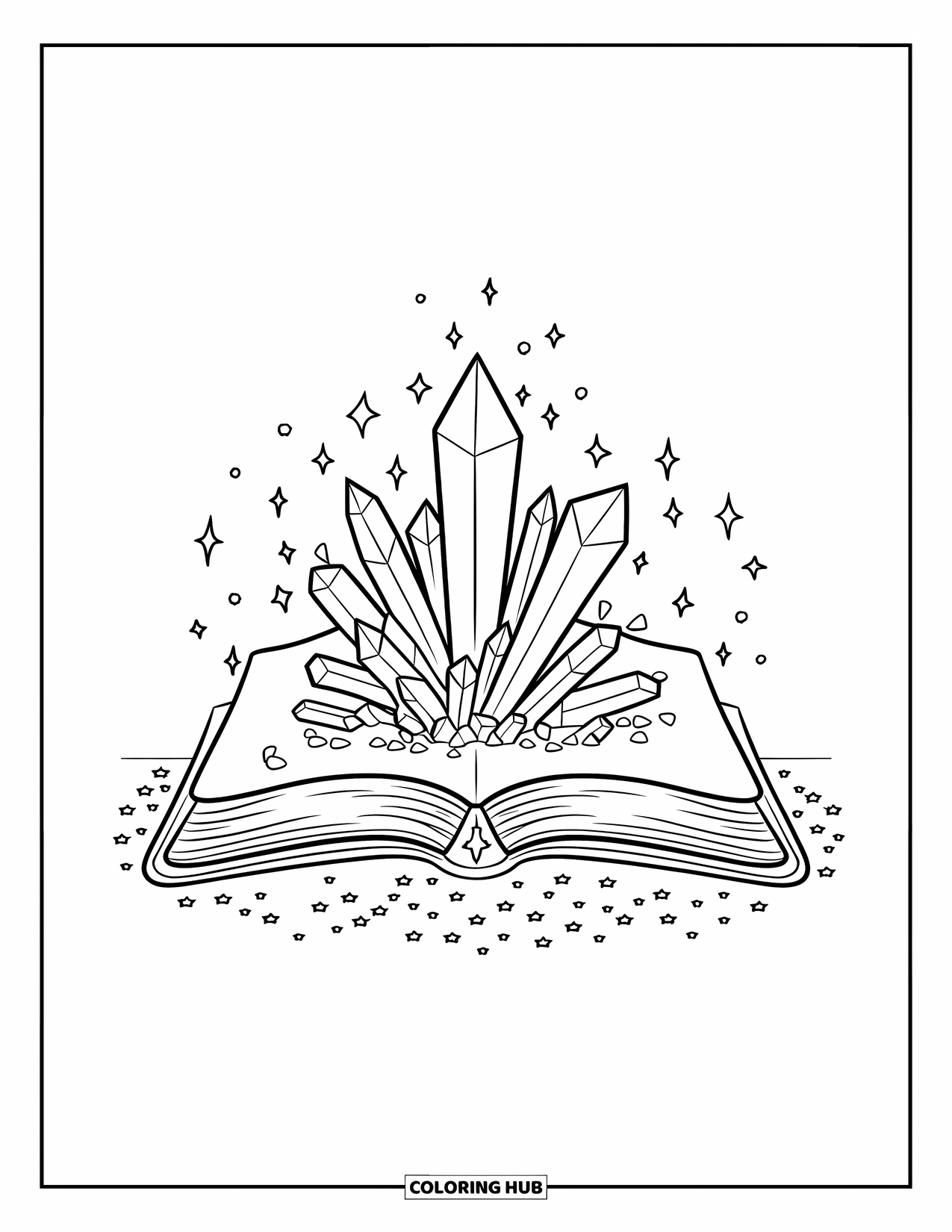 Crystal Coloring Page for Kids: A magical book with crystals sprouting from its pages, resting on the ground with sparkles
