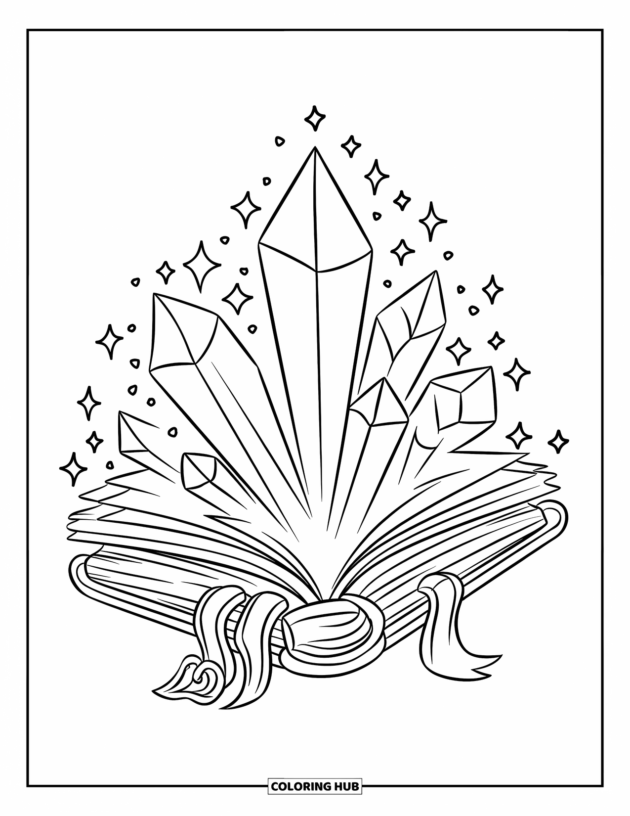 Crystal Coloring Page for Kids: A magical book with crystals sprouting from its pages, with a golden lock and chain