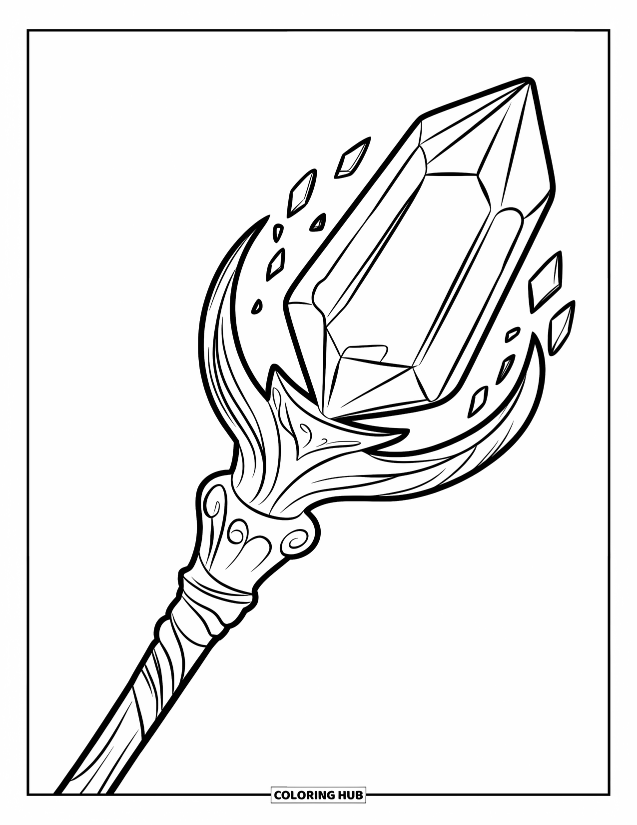 Crystal Coloring Page for Kids: A magical staff with a large multi-faceted crystal on top, with intricate carvings