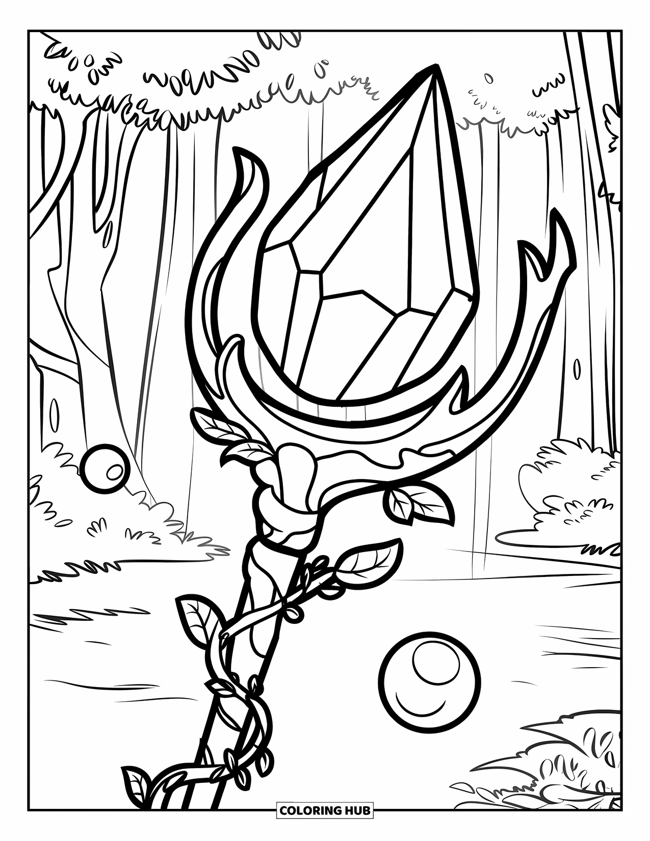 Crystal Coloring Page for Kids: A magical staff with a multi-faceted crystal, wrapped with vines, surrounded by floating orbs