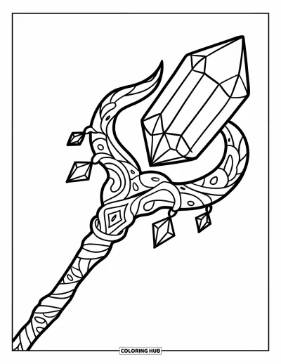 Desenho de cristais para colorir para crianças: Um cajado mágico com design torcido e um cristal multifacetado no topo, com cristais menores ao redor