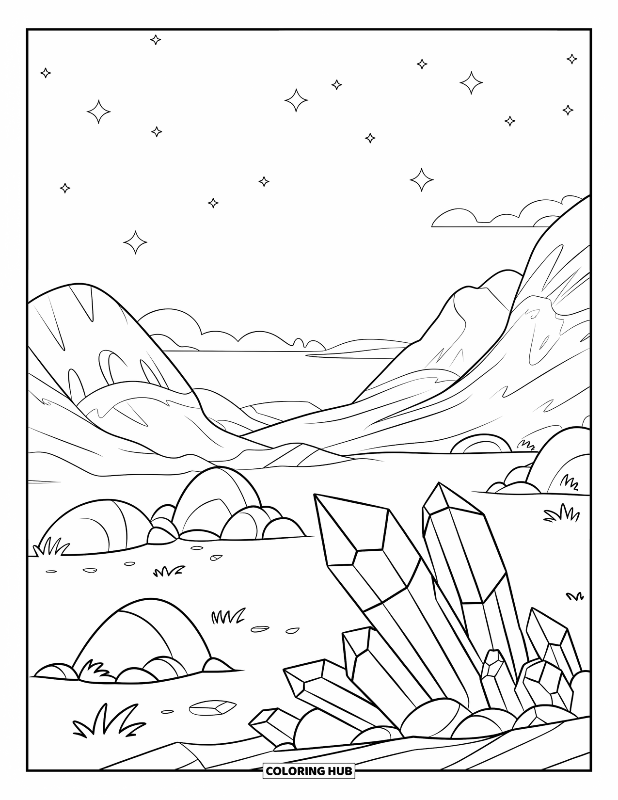 Crystal Coloring Page for Kids: A peaceful mountain landscape with crystal formations, large boulders, and a clear starry sky