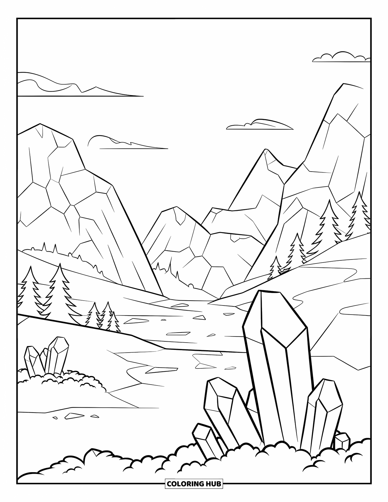Crystal Coloring Page for Kids: A peaceful mountain landscape with crystal formations, trees, and a clear sky with a few clouds