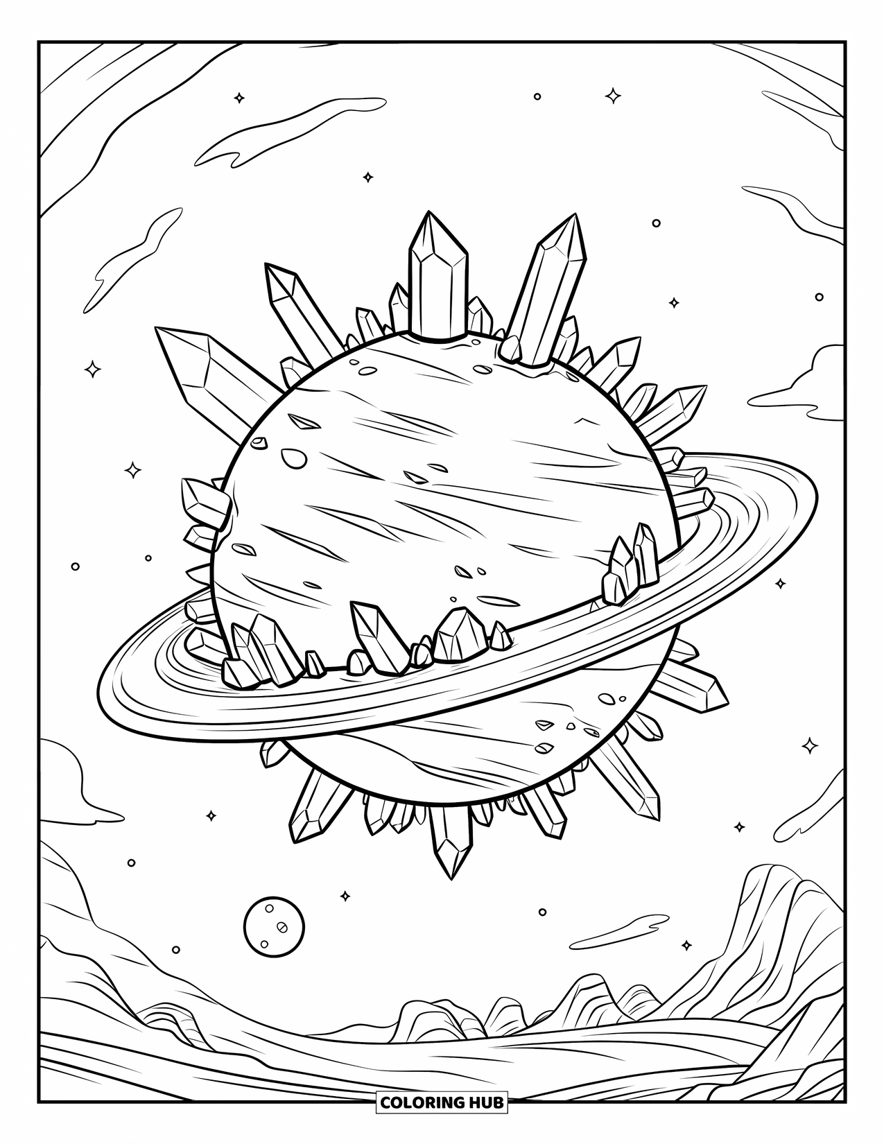 Crystal Coloring Page for Kids: A planet with crystal spikes around its equator, a moon, and a blue sky with white clouds