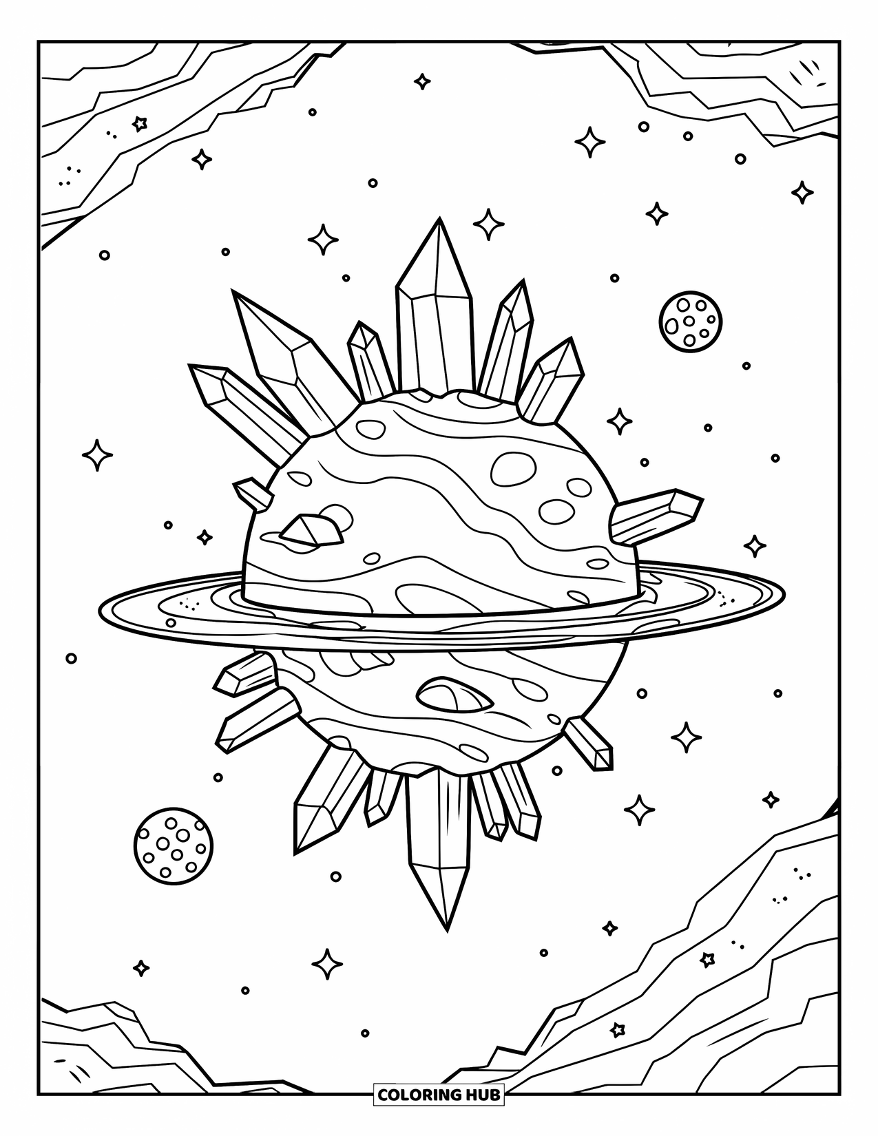 Crystal Coloring Page for Kids: A planet with crystal spikes around its equator, floating islands, and a vast starry universe