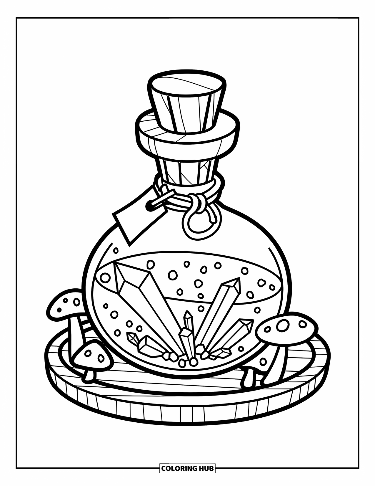 Crystal Coloring Page for Kids: A potion bottle filled with crystals, sealed with a cork, placed on a wooden platter with mushrooms