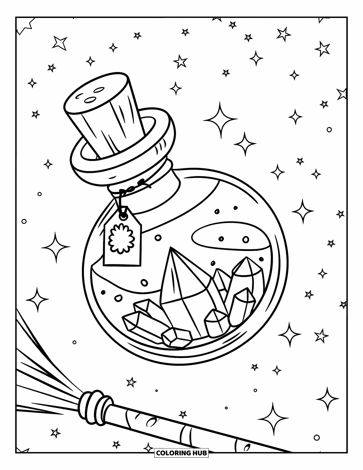 Crystal Coloring Page for Kids: A potion bottle with crystals inside, floating with a magical wand beside it under a starry sky