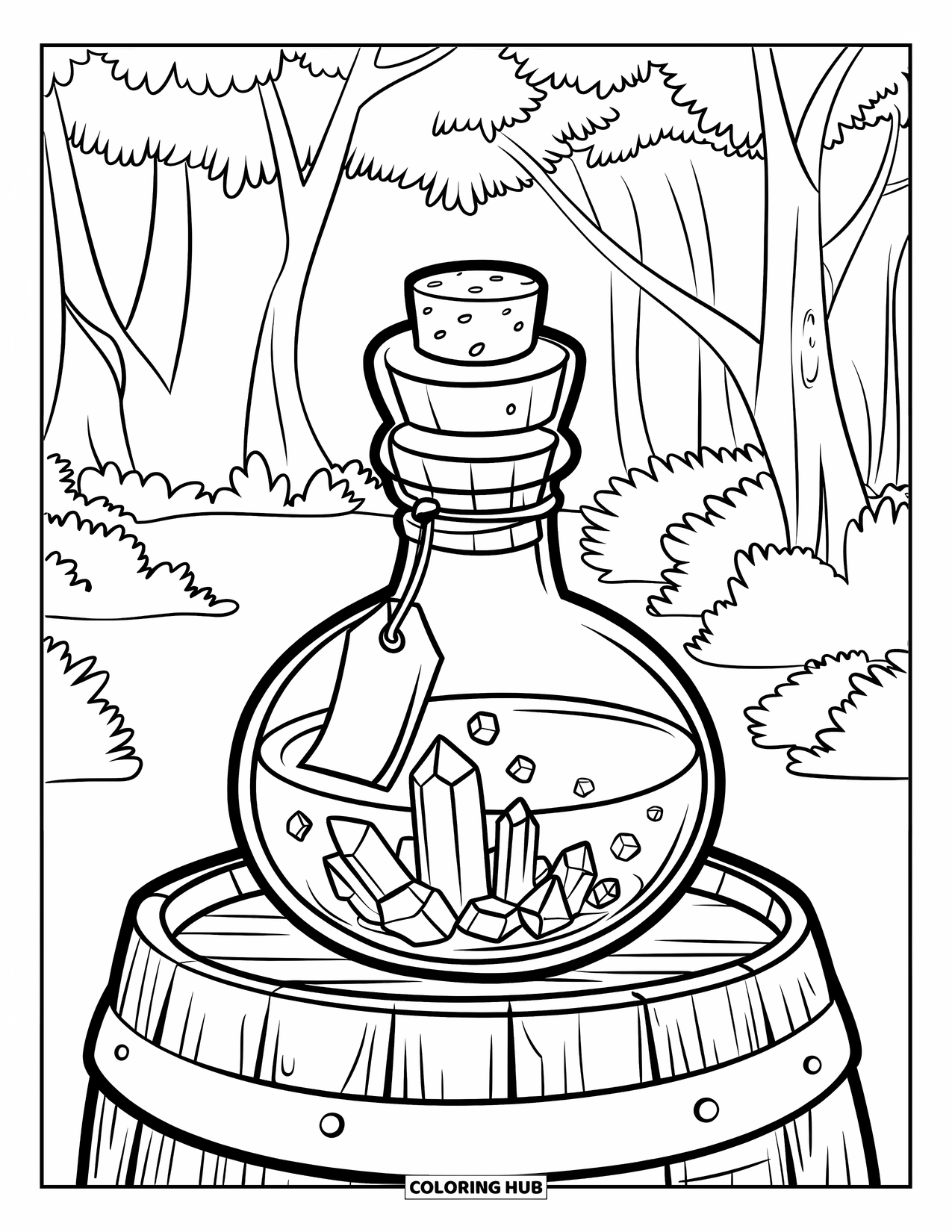 Crystal Coloring Page for Kids: A potion bottle with crystals inside, sealed with a cork, resting on a wooden barrel in a forest