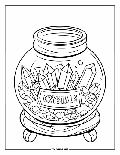 Desenho de Cristal para Colorir para Crianças: Um pote redondo cheio de cristais de tamanho médio em um suporte de madeira, com um rótulo de "Cristais"