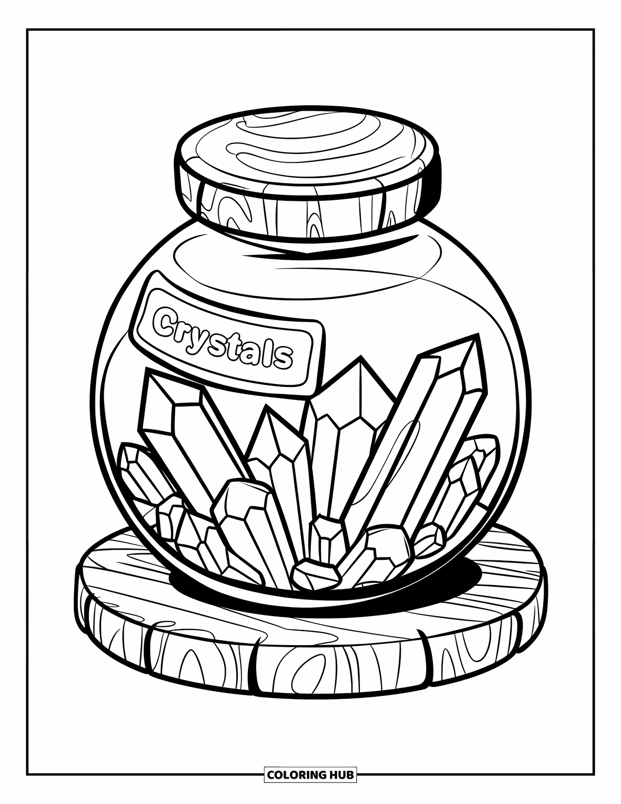 Crystal Coloring Page for Kids: A round jar filled with medium-sized crystals, placed on a wooden platform, with a "Crystals" label