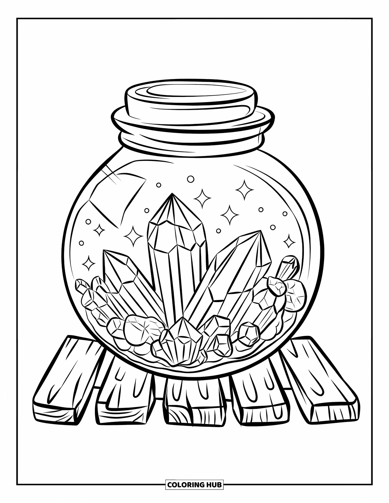Crystal Coloring Page for Kids: A round jar filled with medium-sized crystals, sitting on a wooden plank with clean outlines