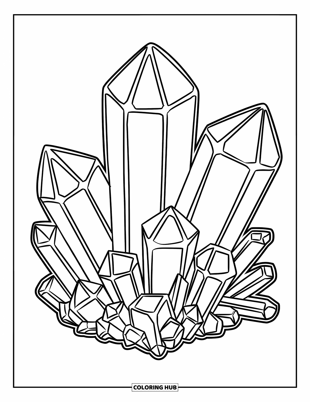 Crystal Coloring Page for Kids: A single large crystal cluster with chunky, bold outlines