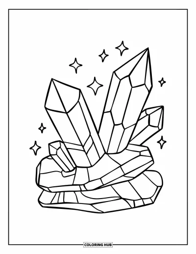 Desenho de Cristal para Colorir para Crianças: Uma pilha de dois grandes cristais com pequenas estrelas flutuando ao redor deles