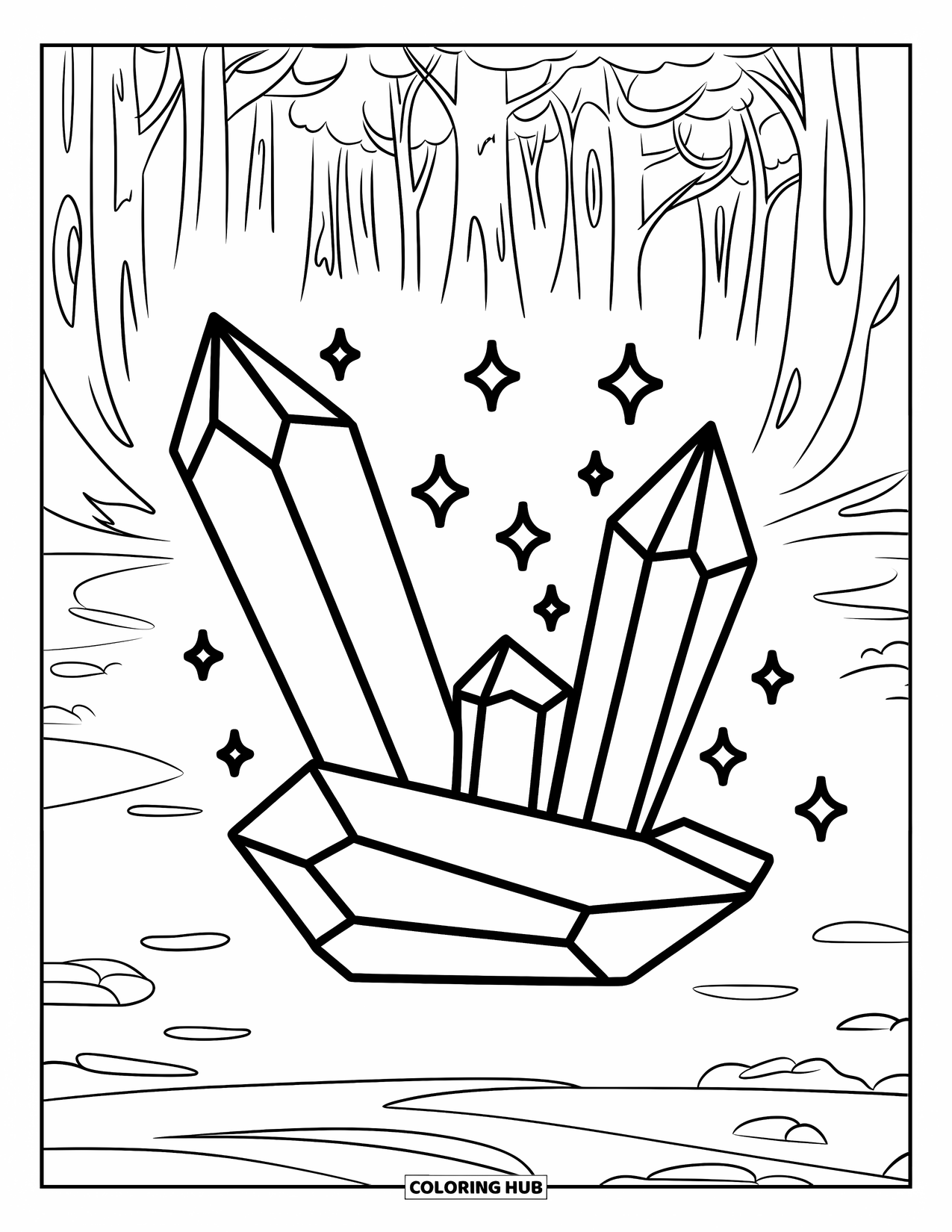 Crystal Coloring Page for Kids: A stack of two large crystals with small stars, set in a magical forest