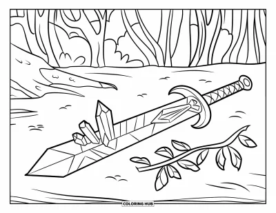 Desenho de Cristal para Colorir para Crianças: Uma espada com fragmentos de cristal incrustados ao longo da lâmina, deitada no chão em uma floresta