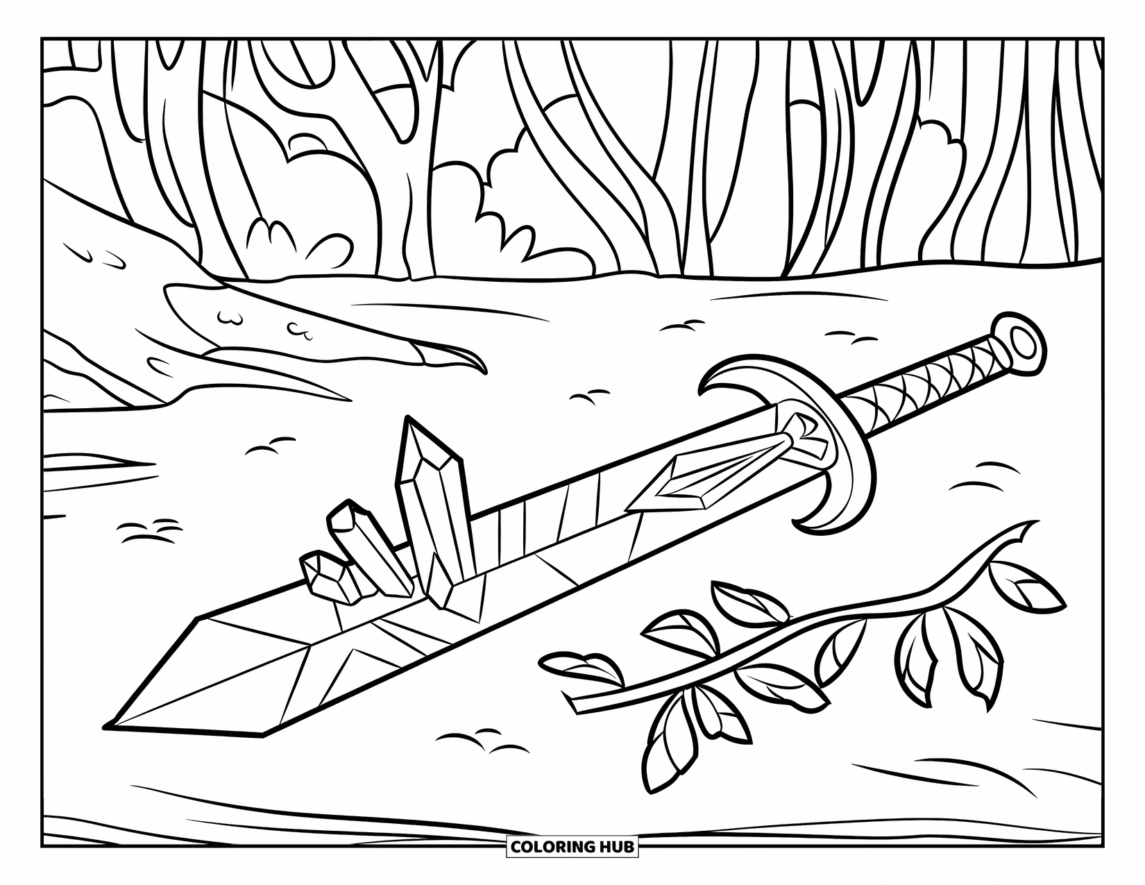 Crystal Coloring Page for Kids: A sword with crystal fragments embedded along the blade, lying on the ground in a forest