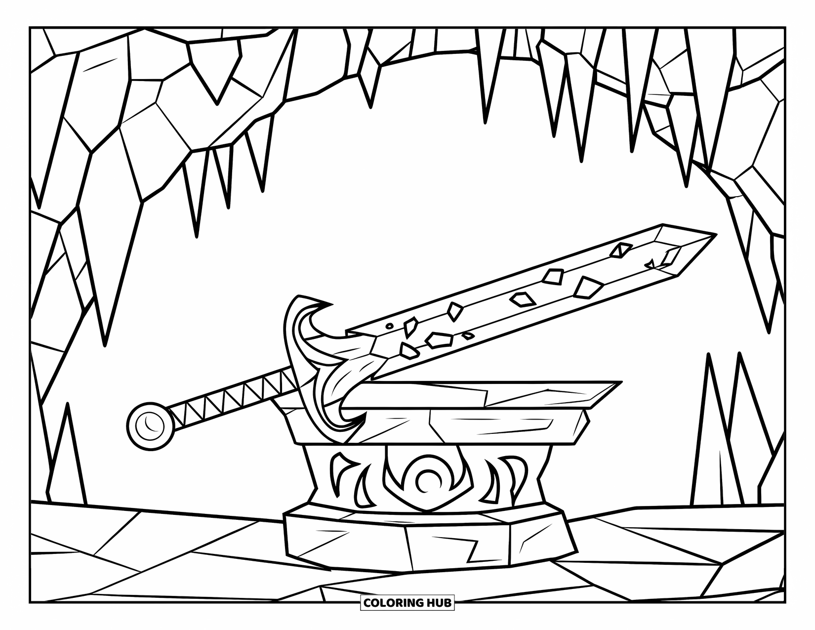 Crystal Coloring Page for Kids: A sword with crystal fragments embedded along the blade, placed on a stone pedestal