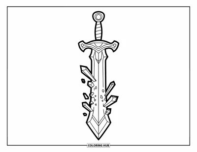 Desenho de Cristal para Colorir para Crianças: Uma espada com fragmentos de cristal incrustados na lâmina, decorada com padrões intrincados