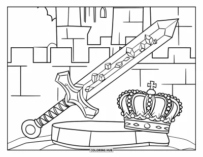 Desenho de Cristal para Colorir para Crianças: Uma espada com fragmentos de cristal em um pedestal ao lado de uma coroa em um cenário de castelo