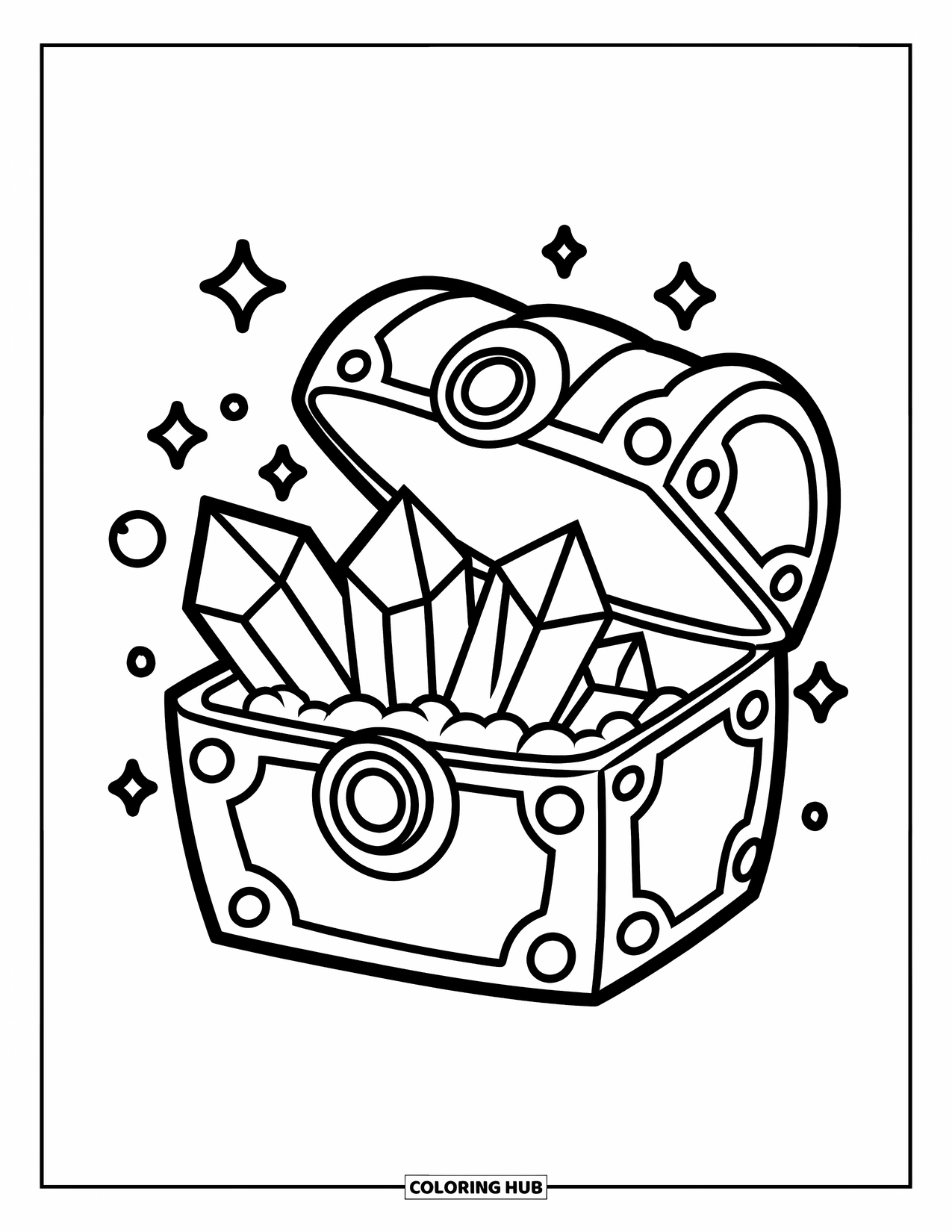 Crystal Coloring Page for Kids: A treasure chest with a round opening, sparkles, and bubbles around it