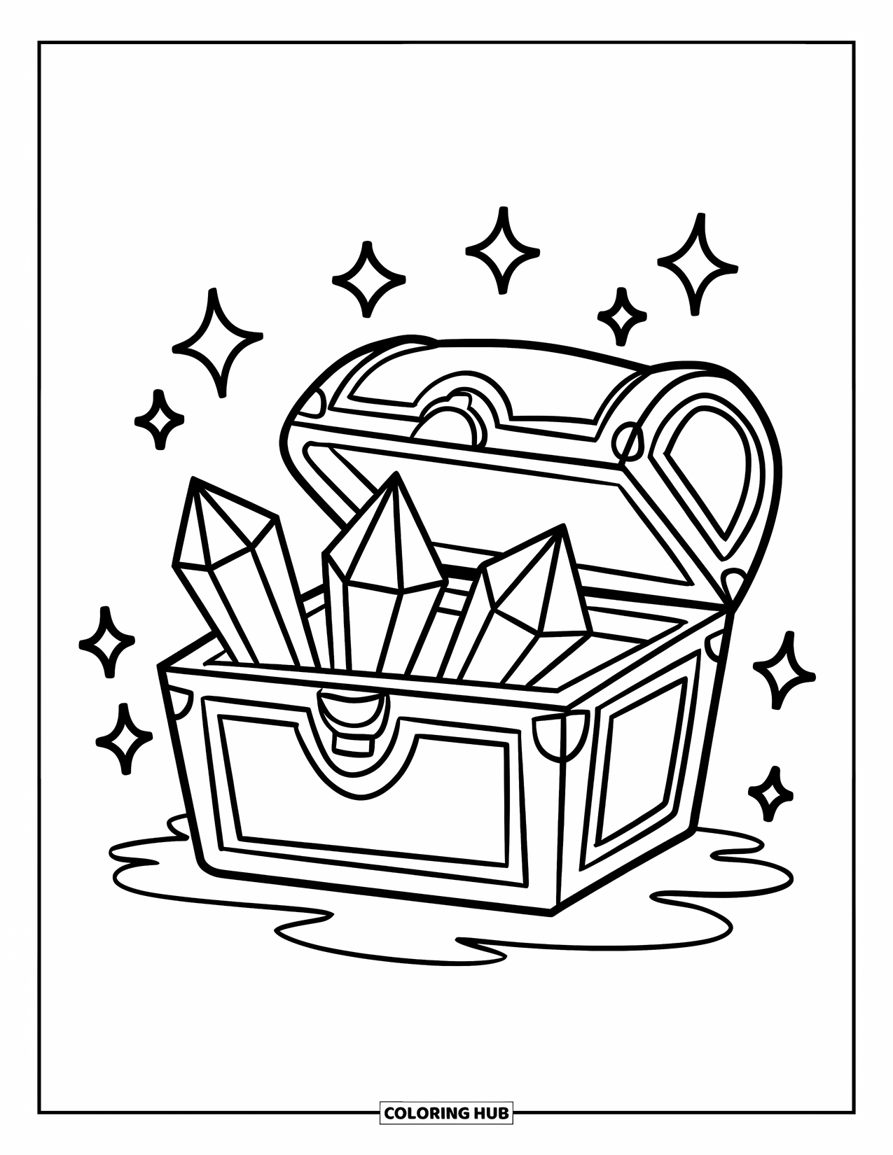 Crystal Coloring Page for Kids: A treasure chest with crystals peeking out and playful sparkles around it