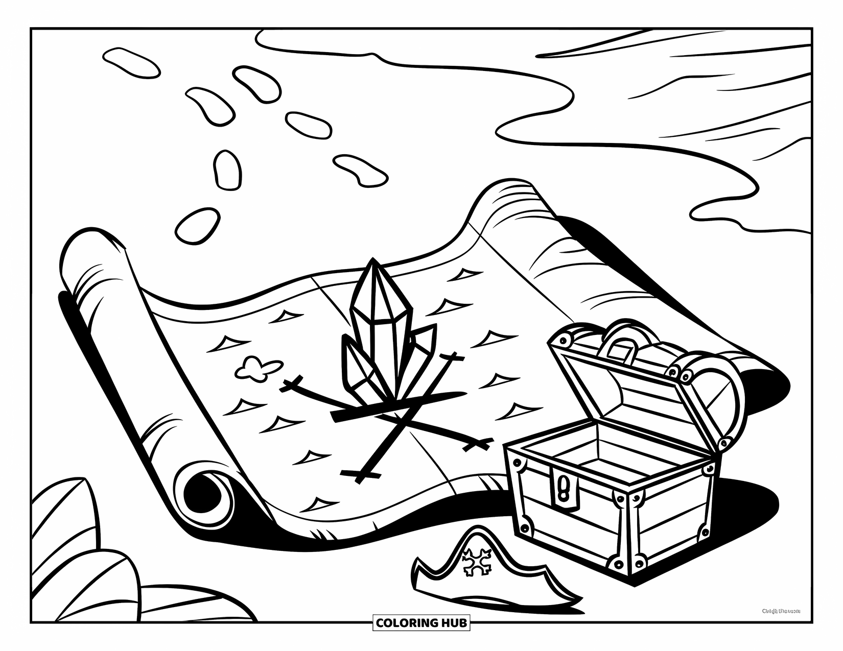 Crystal Coloring Page for Kids: A treasure map with a crystal as the "X", a pirate hat, and a chest on a sandy beach