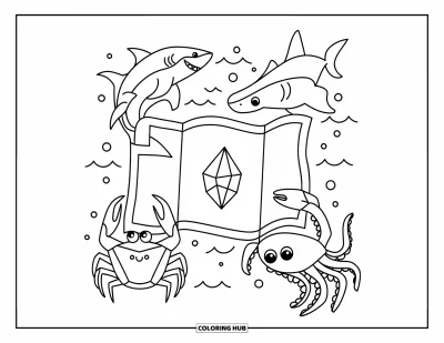 Desenho de Cristal para Colorir para Crianças: Um mapa do tesouro com um cristal marcando o local, cercado por criaturas marinhas como tubarões e caranguejos
