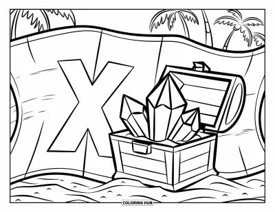 Desenho de Cristal para Colorir para Crianças: Um mapa do tesouro com um "X" de cristal marcando o local em uma praia, com palmeiras ao fundo
