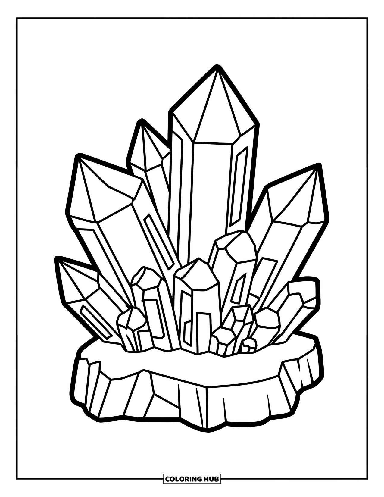 Crystal Coloring Page for Kids: Crystals growing from a small rock base with bold outlines and clear sections