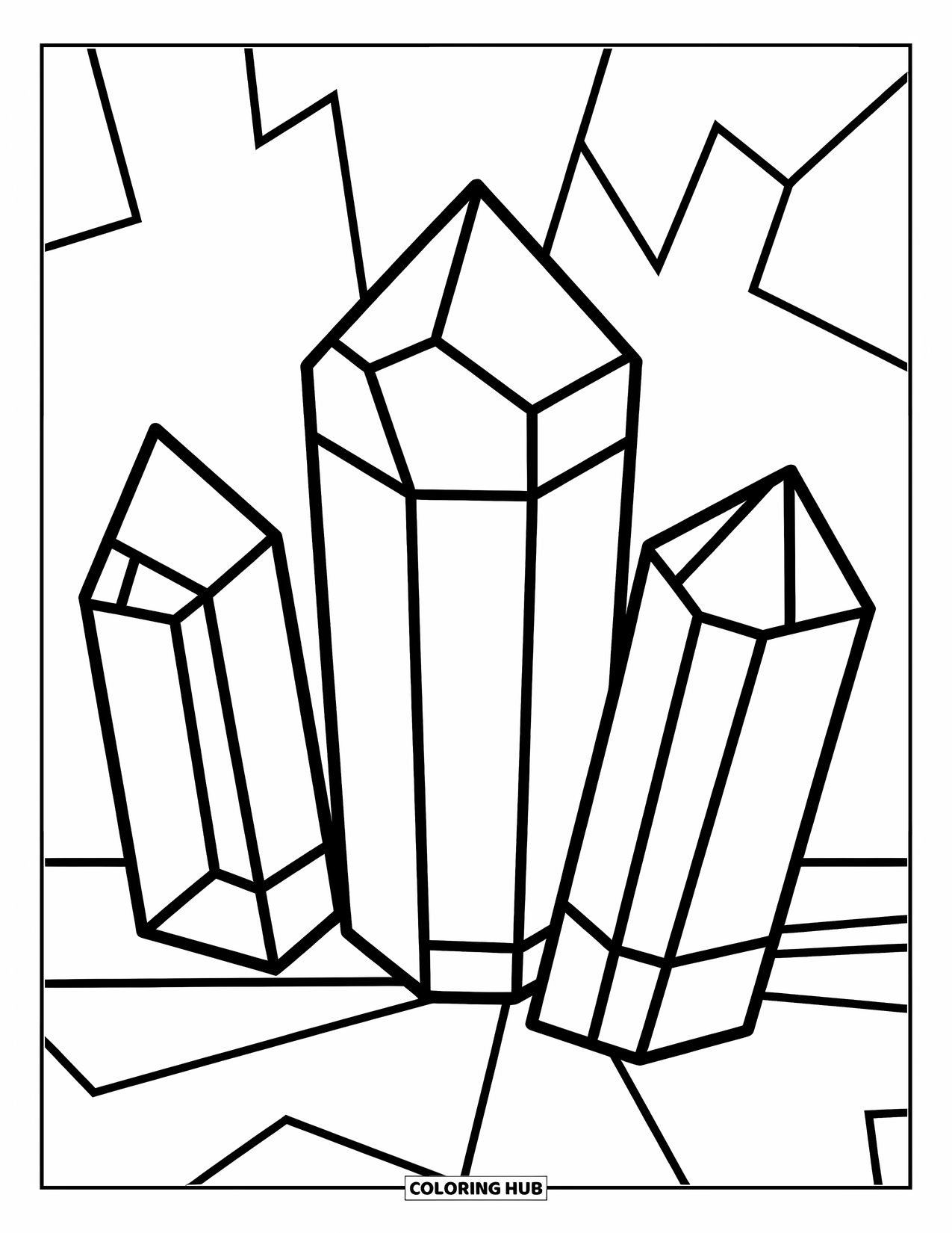 Crystal Coloring Page for Kids: Three oversized crystal shapes standing upright, with different patterns and bold outlines