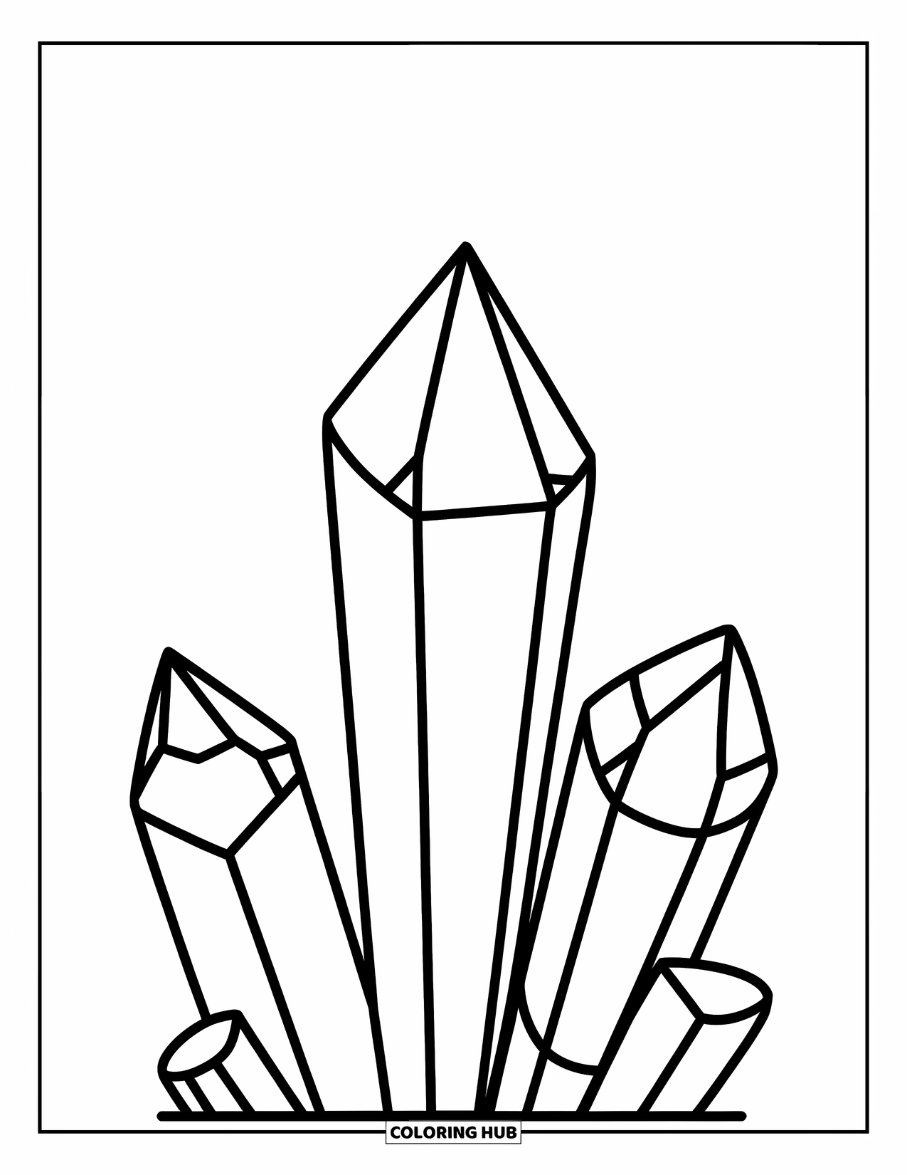 Crystal Coloring Page for Kids: Three oversized crystal shapes standing upright with thick borders and minimal facets